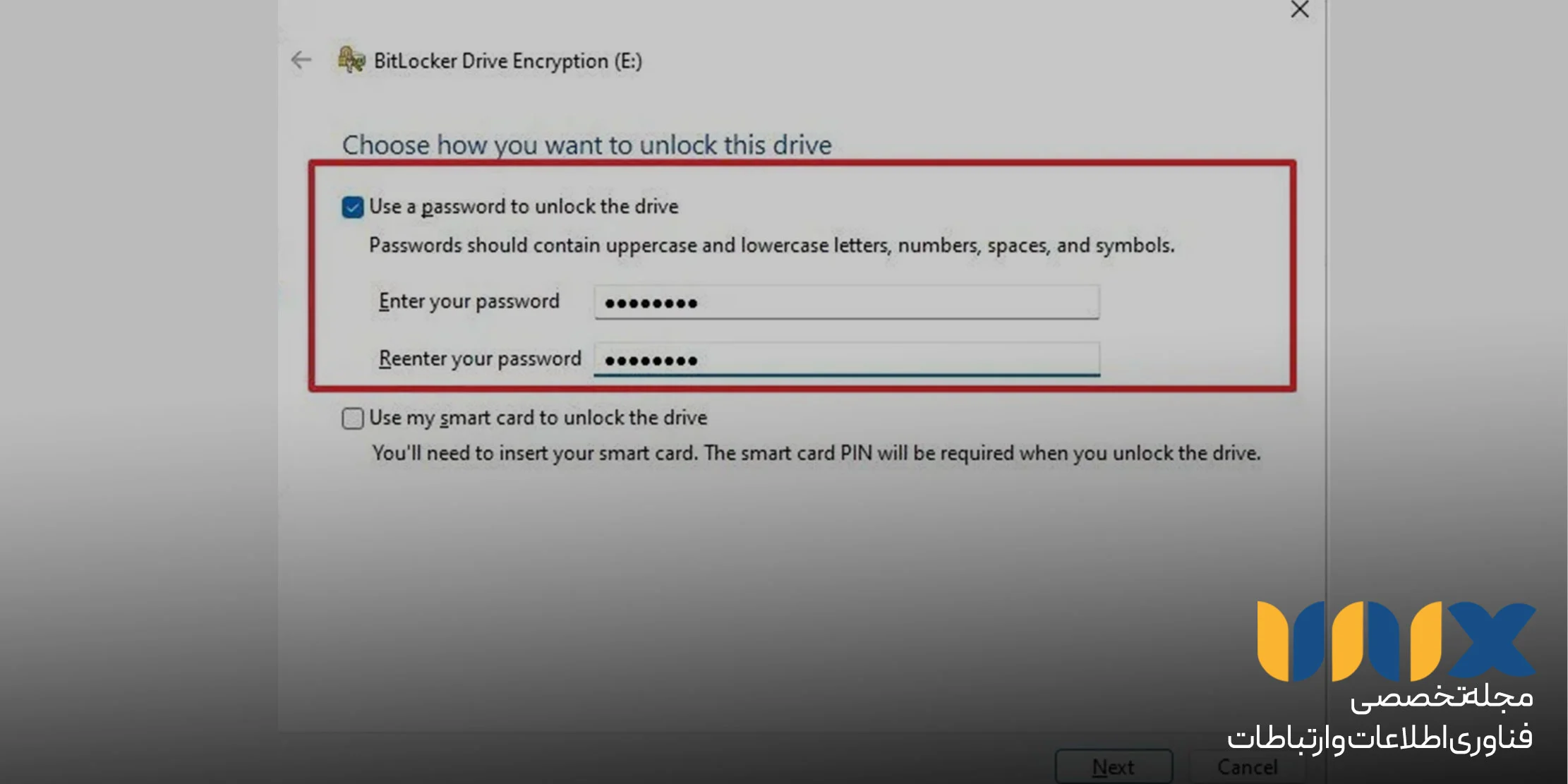 گزینه Use a password to unlock the drive